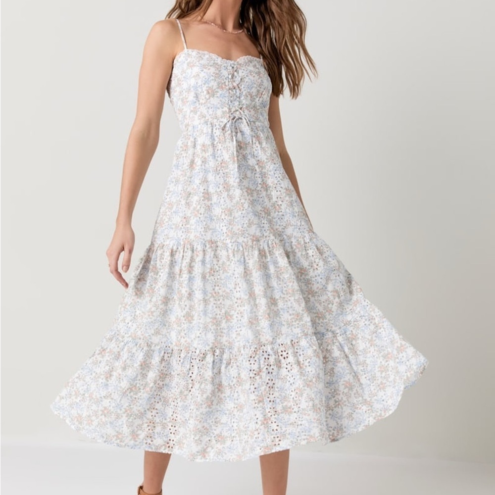 Audrey Parks x Francesca Floral Print Spaghetti Strap Eyelet Maxi Dress Sz XS